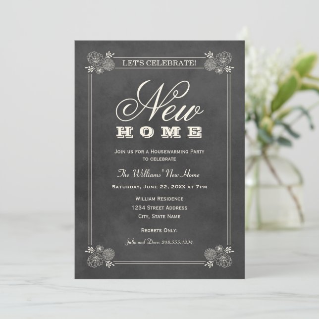 New Home Rustic Black Chalkboard Housewarming Invitation (Standing Front)