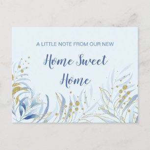New Home Sweet Home Blue Watercolor Foliage Moving Announcement Postcard