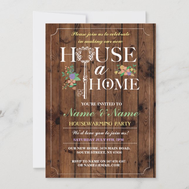 New Home Sweet Home House Warming Wood Key Invite (Front)