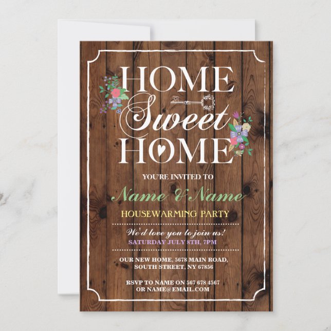 New Home Sweet Home House Warming Wood Key Invite (Front)