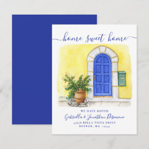 New Home Sweet Home Watercolor Blue Yellow Moving Announcement