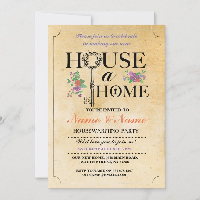 New Home Sweet House Warming Vintage Key Invite (Front)