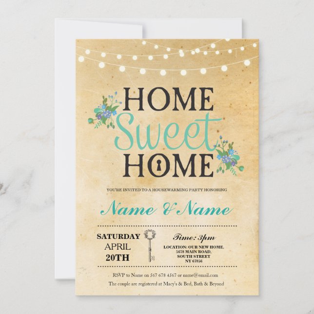 New Home Sweet HouseWarming Key Lights Cute Invite (Front)