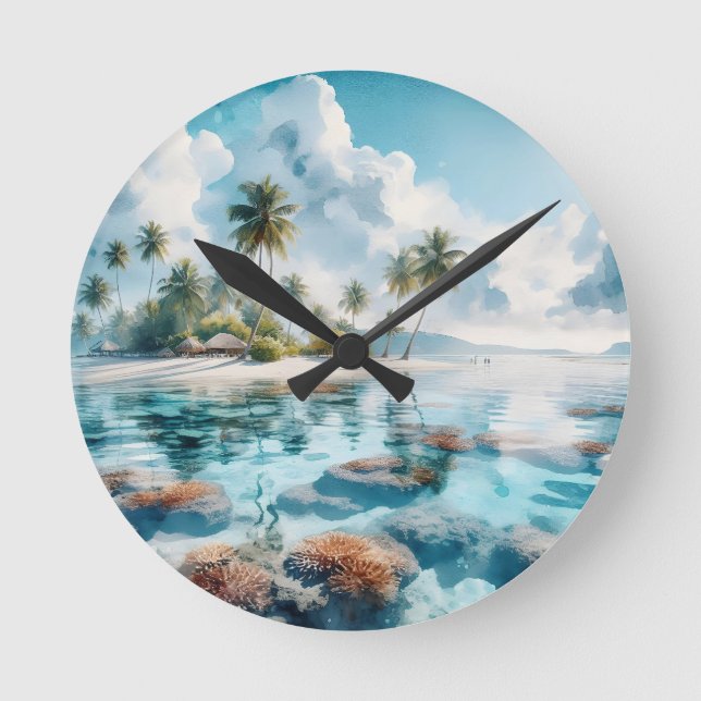 New Home Travel Lovers Maldives Blue White Art Round Clock (Front)