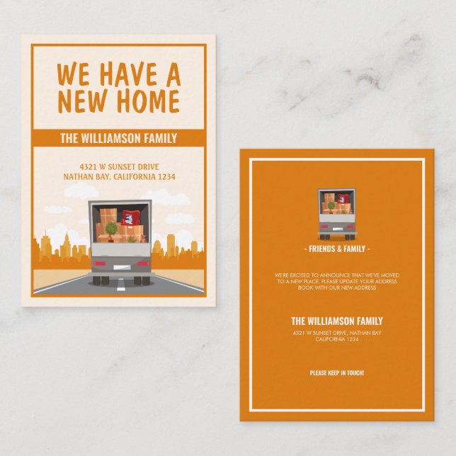 New Home Truck and Orange Cityscape Budget Moving Card (Front/Back)