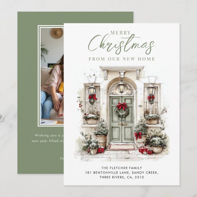 New Home Watercolor Front Door Christmas Holiday Card (Front/Back)