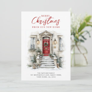 New Home Watercolor Red Front Door Christmas Holiday Card