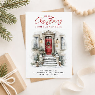 New Home Watercolor Red Front Door Christmas Holiday Card