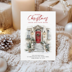 New Home Watercolor Red Front Door Christmas Holiday Card