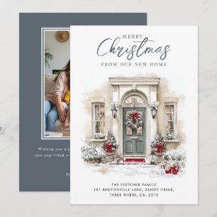 New Home Watercolor Winter Front Door Christmas Holiday Card