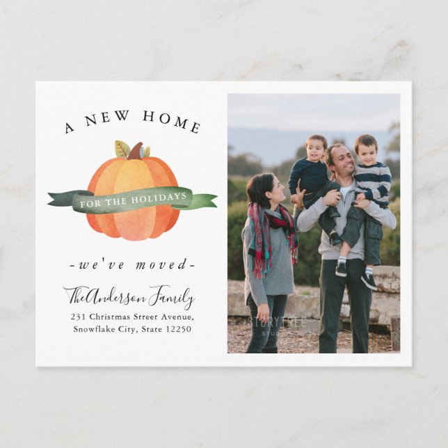 New Home We've Moved Pumpkin Photo Holiday Moving Announcement Postcard (Front)