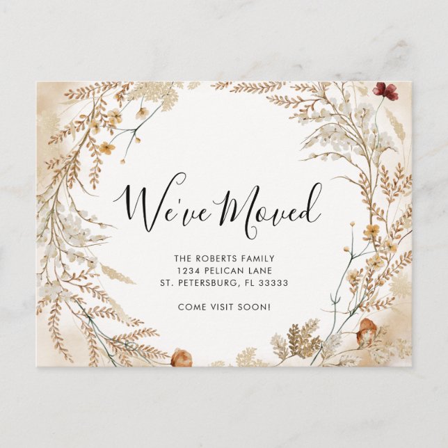 New Home Wildflower Foliage Wreath Moving  Announcement Postcard (Front)