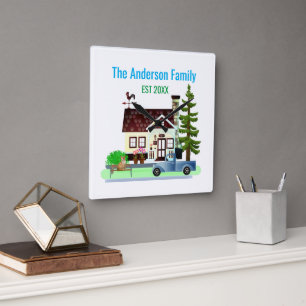 New Home with Family Name Square Wall Clock
