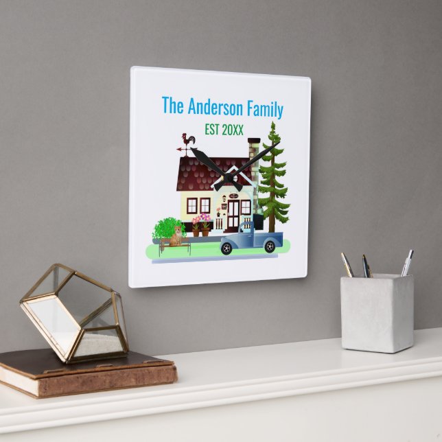 New Home with Family Name Square Wall Clock (Office)