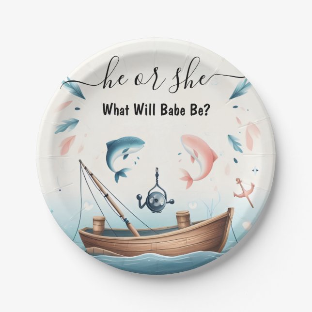 New Hook Bait Fun Wood Fish Fishing Gender Reveal Paper Plate (Front)