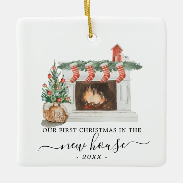 New House Christmas Ornament Watercolor Fireplace (Front)