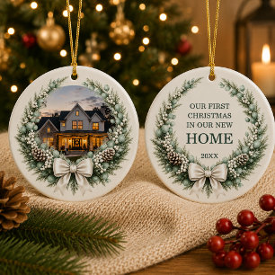 New House Christmas Photo Wreath Bow Ceramic Tree Decoration