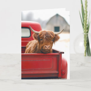 New House Highland Cow In a Red Retro Pickup Truck Card