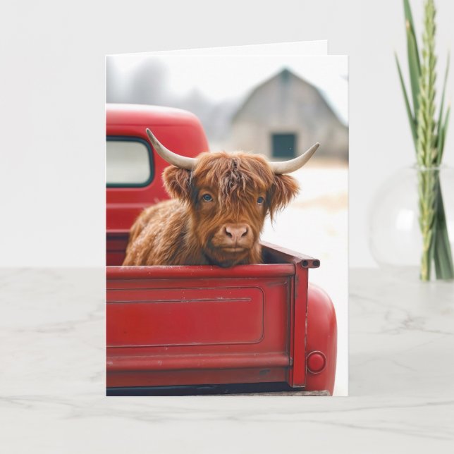 New House Highland Cow In a Red Retro Pickup Truck Card (Front)