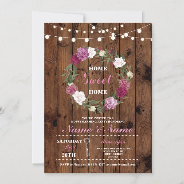 New Housewarming Sweet Home Key Wood Rustic Invite (Front)