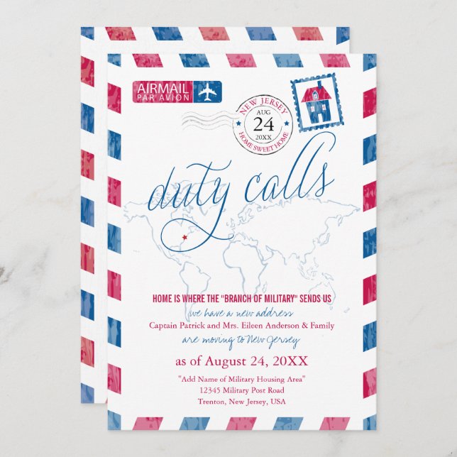 New Jersey Airmail World Map Military Moving Invitation (Front/Back)