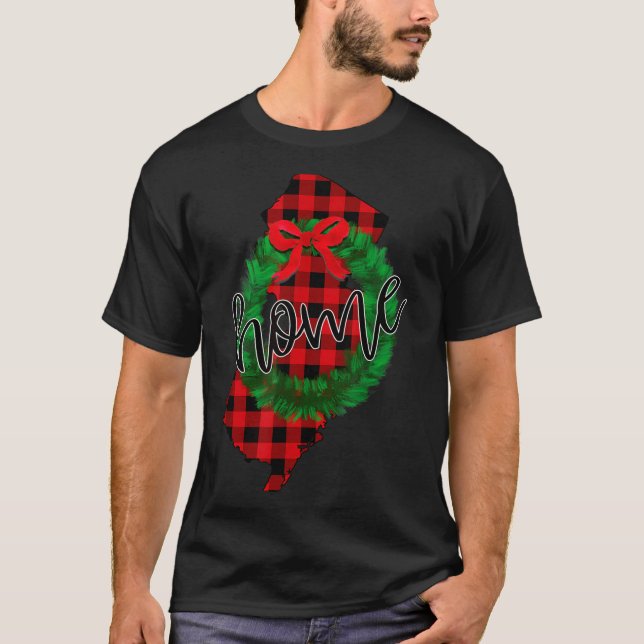 New Jersey Buffalo Plaid Christmas Home Wreath Ret T-Shirt (Front)