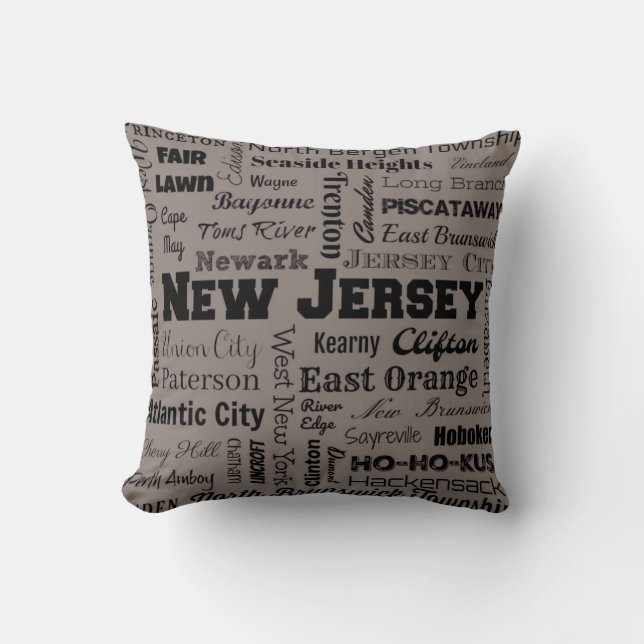New Jersey Cities Typography throw pillow in grey (Front)