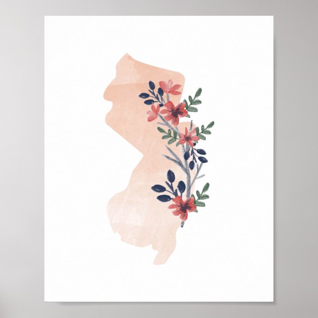 New Jersey Floral Watercolor State Poster (Front)