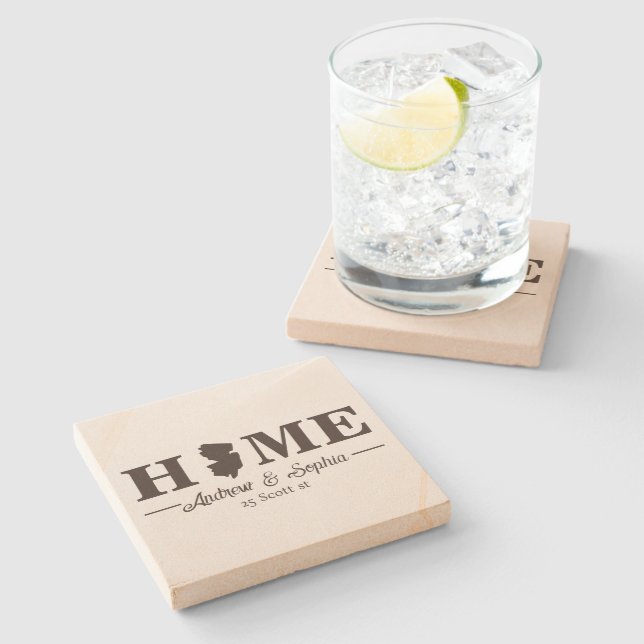 New Jersey Map Housewarming Couple Name Grey Text Stone Coaster (Side)