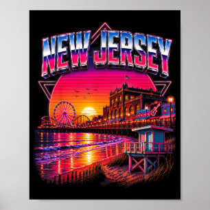 New Jersey Retro Beach Sunset Boardwalk Travel Poster