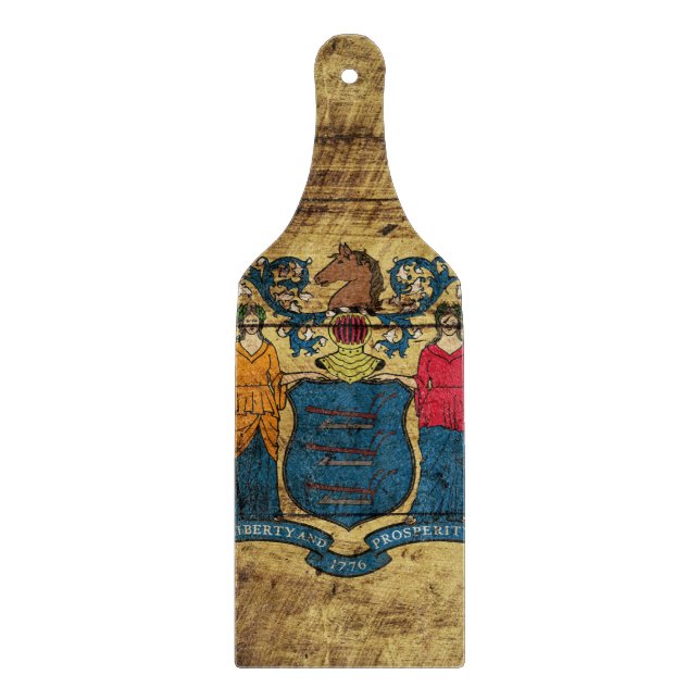 New Jersey State Flag on Old Wood Grain Cutting Board (Front)