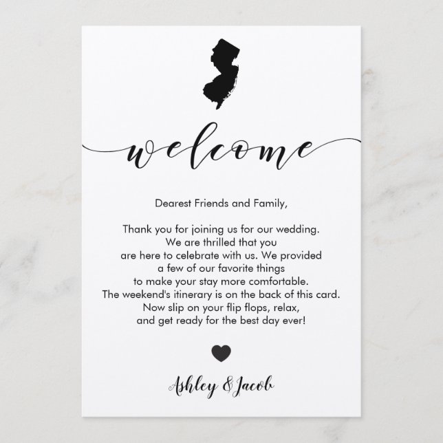 New Jersey Wedding Welcome Letter & Itinerary Card (Front)
