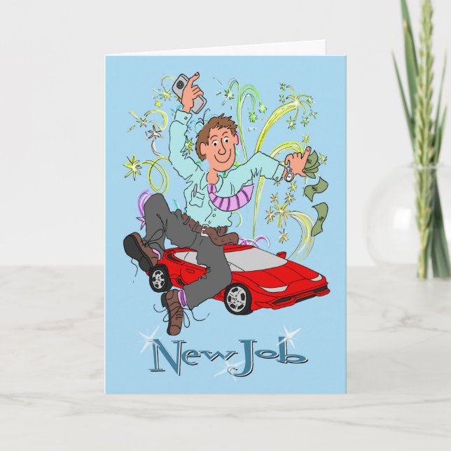 New Job Male Cartoon Caricature Card (Front)