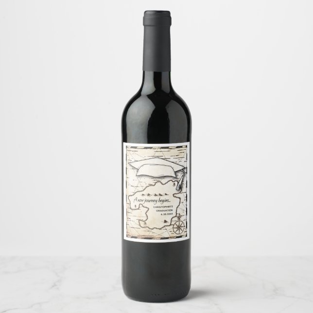 New Journey Begins Map Graduation Party Wine Label (Front)