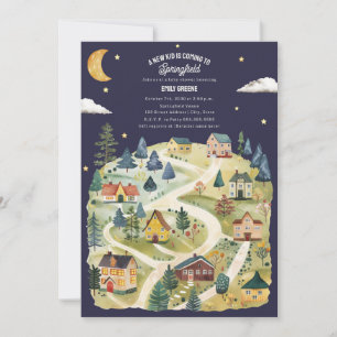 New Kid Hometown Watercolor Night Baby Shower Invitation