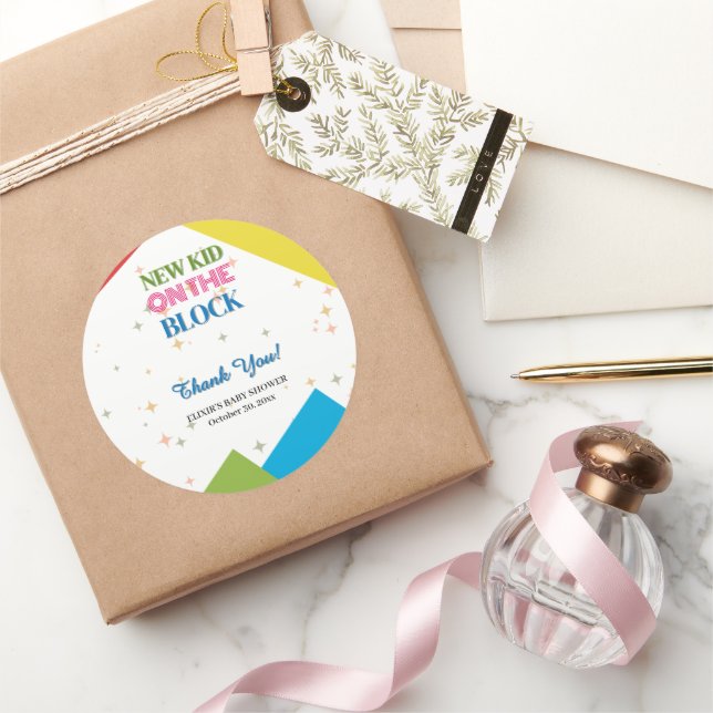 New Kid on the Block Colourful Baby Shower Classic Round Sticker (Gifting)