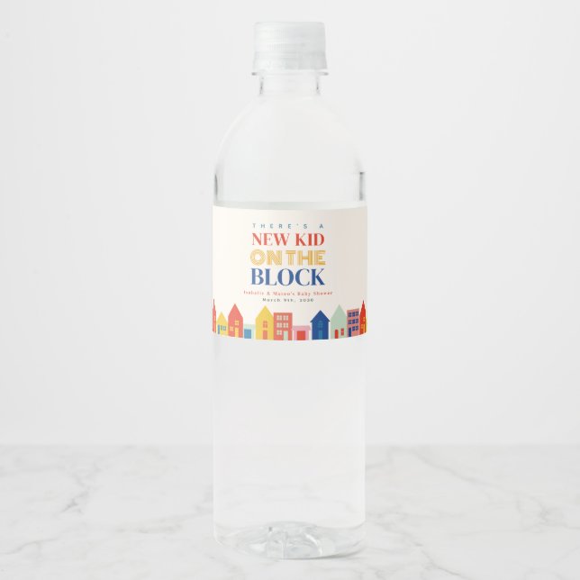 New Kid On The Block Houses Neutral Baby Shower Water Bottle Label (Front)