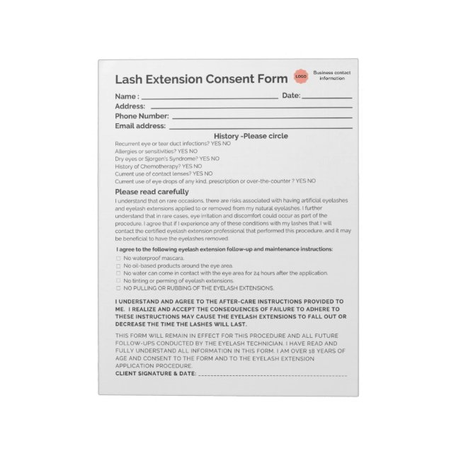 *New* Lash consent form notepad (Rotated)