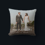 New Last Name Wedding Photo and Date Cushion<br><div class="desc">Commemorate the new bride and groom with a custom throw pillow featuring a wedding photo, the new last name and wedding date on the front. The other side of the pillow has a charming tossed pattern of white doves, intertwined wedding rings and flowers on a slate blue grey background colour...</div>