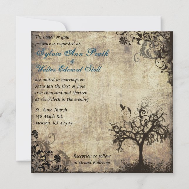 New Life Vintage with Blue Wedding Invitation (Front)