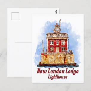 New London Ledge Lighthouse Watercolor Connecticut Postcard