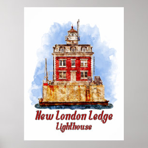 New London Ledge Lighthouse Watercolor Connecticut Poster
