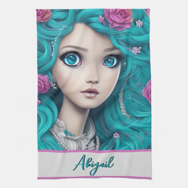 New London Princess with Turquoise Hair and Eyes   Tea Towel (Vertical)