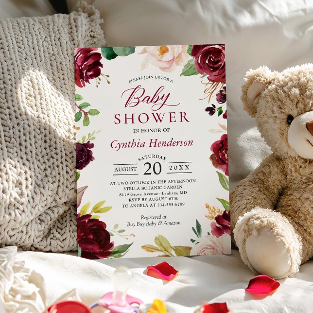 New! Lovely Cute Blush Burgundy Floral Baby Shower Invitation (Creator Uploaded)