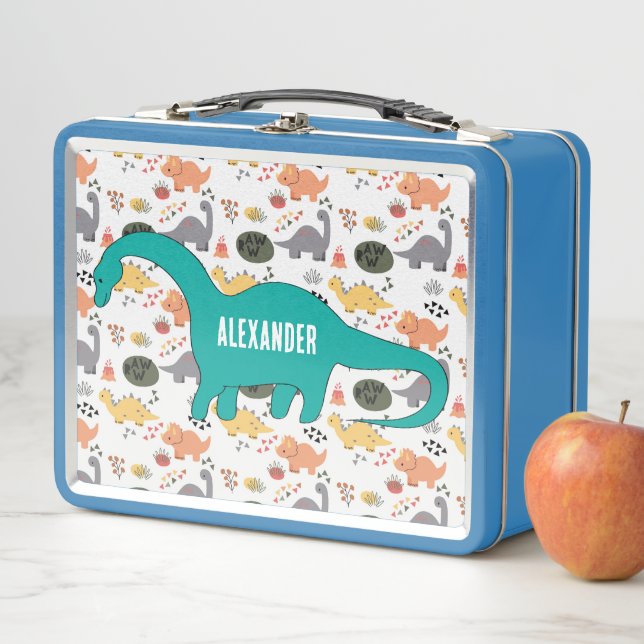 NEW! Lunchbox - Dinosaurs (add name) Metal Blue (In Situ)