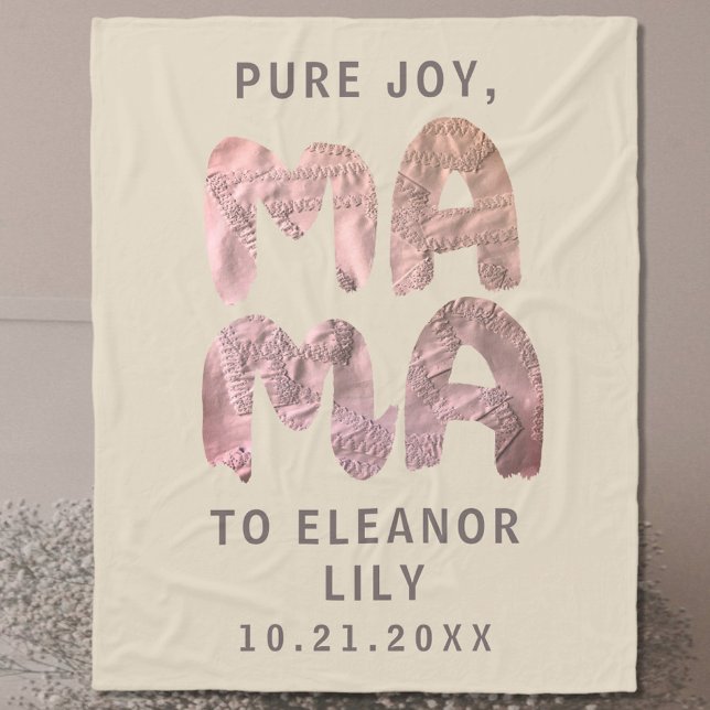 New Mama Whimsical Beige Pink Newborn Name Date Fleece Blanket (Creator Uploaded)