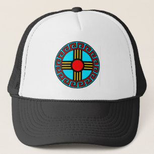 New Mexico and Native Zia Sun God Symbol Trucker Hat