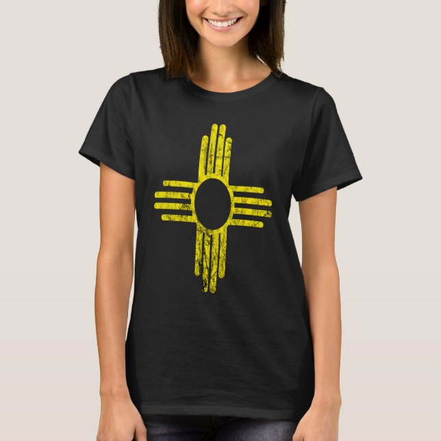 New Mexico Distressed Yellow Zia Sun Symbol Red Ci T-Shirt (Front)