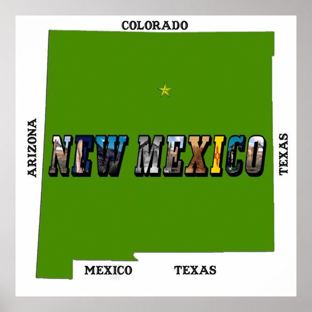 New Mexico Map Outline Photo Text Poster (Front)