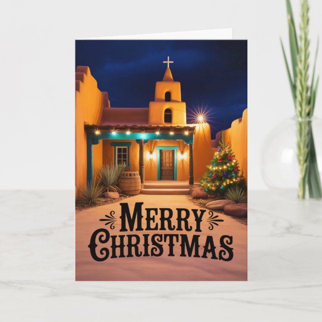 New Mexico Pueblo Christmas Church Night Holiday Card (Front)